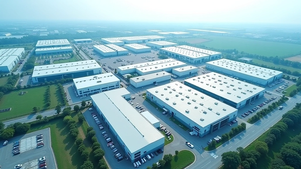 Aerial view of industrial manufacturing complex with multiple warehouses, factory buildings, and logistics infrastructure in an organized special economic zone