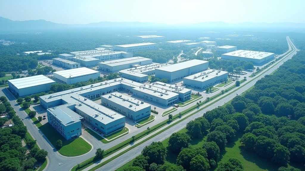 Aerial view of large industrial manufacturing park with organized rows of factory buildings, loading docks, and organized infrastructure