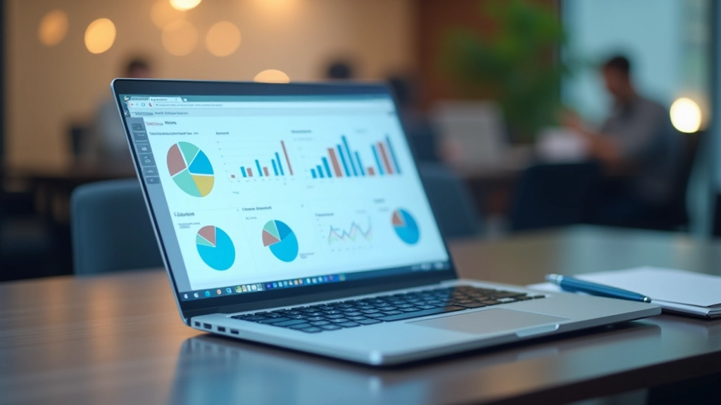 Laptop screen displaying financial charts and data analysis with graphs, desk setup