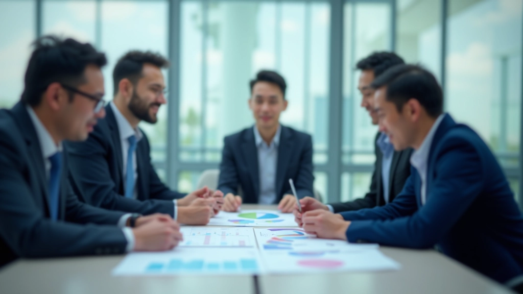 Modern office environment with team members reviewing investment charts and financial reports at a conference table