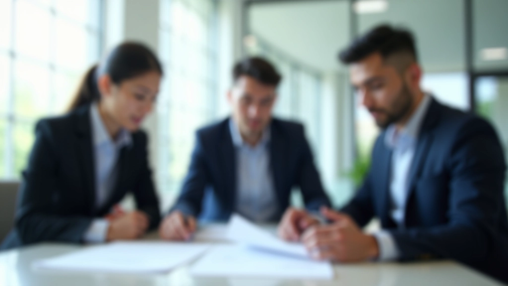 Business professionals in modern office reviewing investment documents and strategy plans