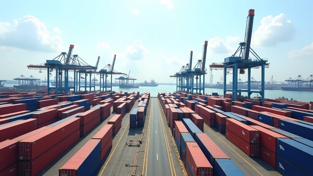 Busy port terminal with shipping containers, cargo handling equipment, and maritime logistics operations