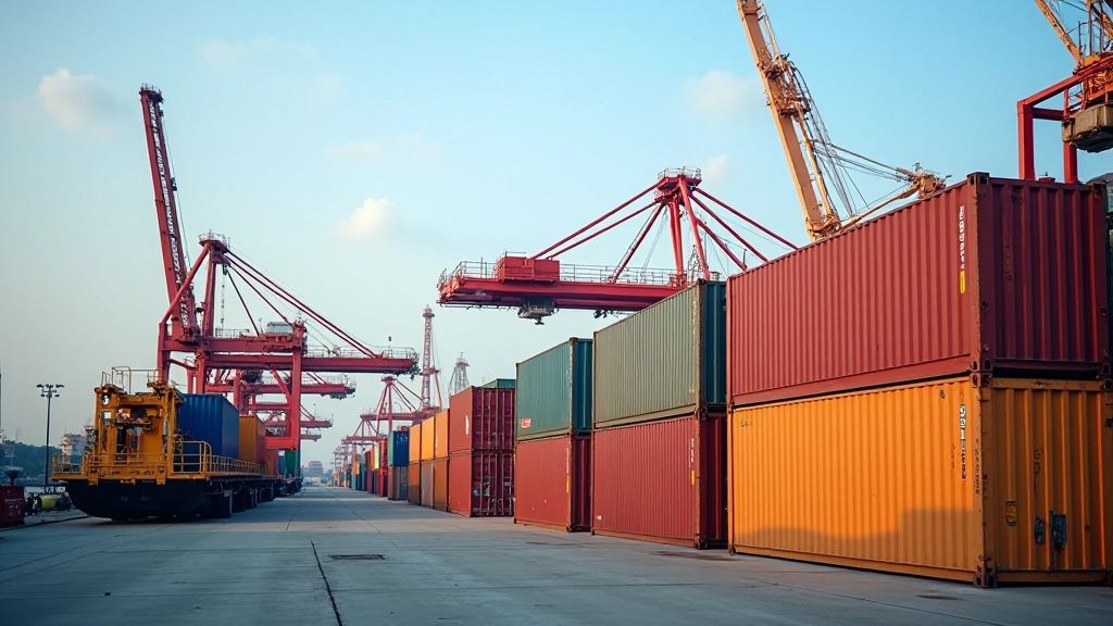 Shipping containers stacked at port terminal with cranes loading cargo ships
