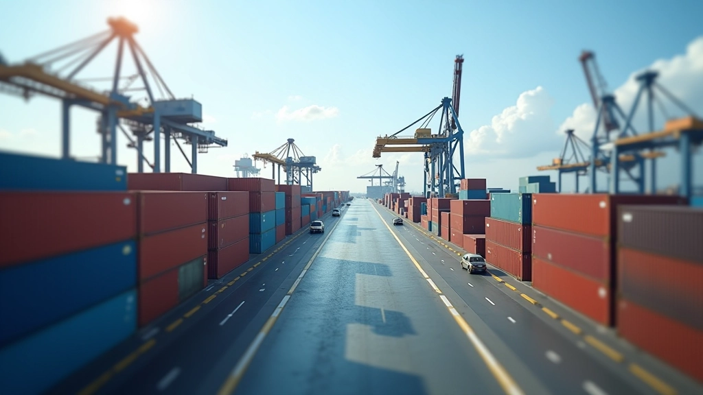 Container ship in port with stacked cargo containers, representing international trade and logistics operations