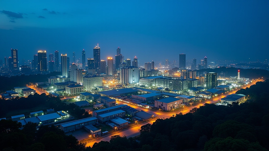 Nighttime cityscape of industrial zone with factory lights and organized infrastructure showing developed manufacturing area