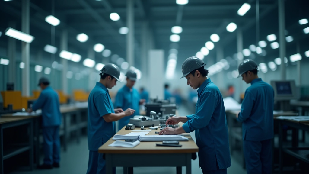 Manufacturing floor with workers operating machinery and assembly line equipment
