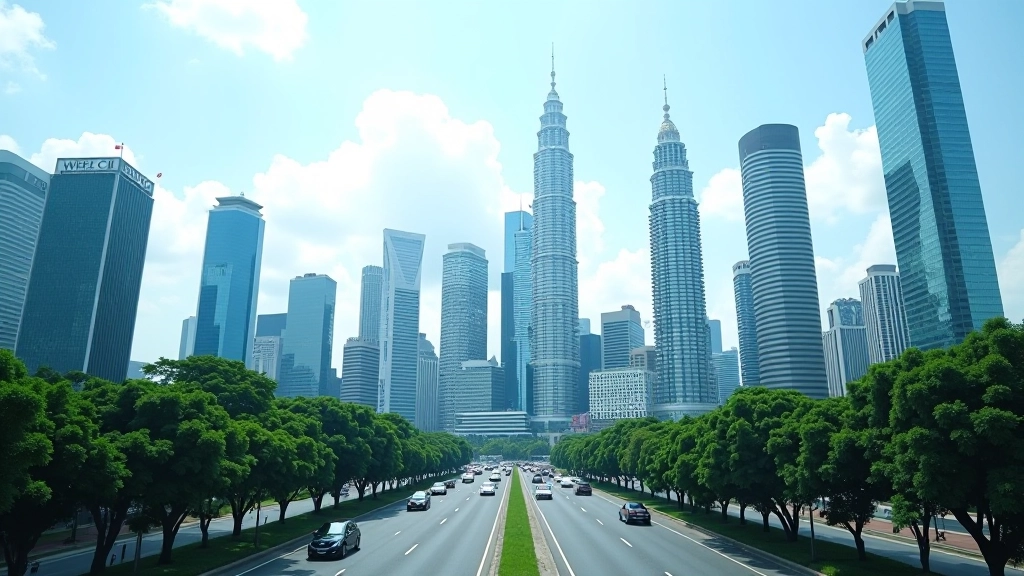 Modern business district with multiple high-rise corporate buildings and urban skyline