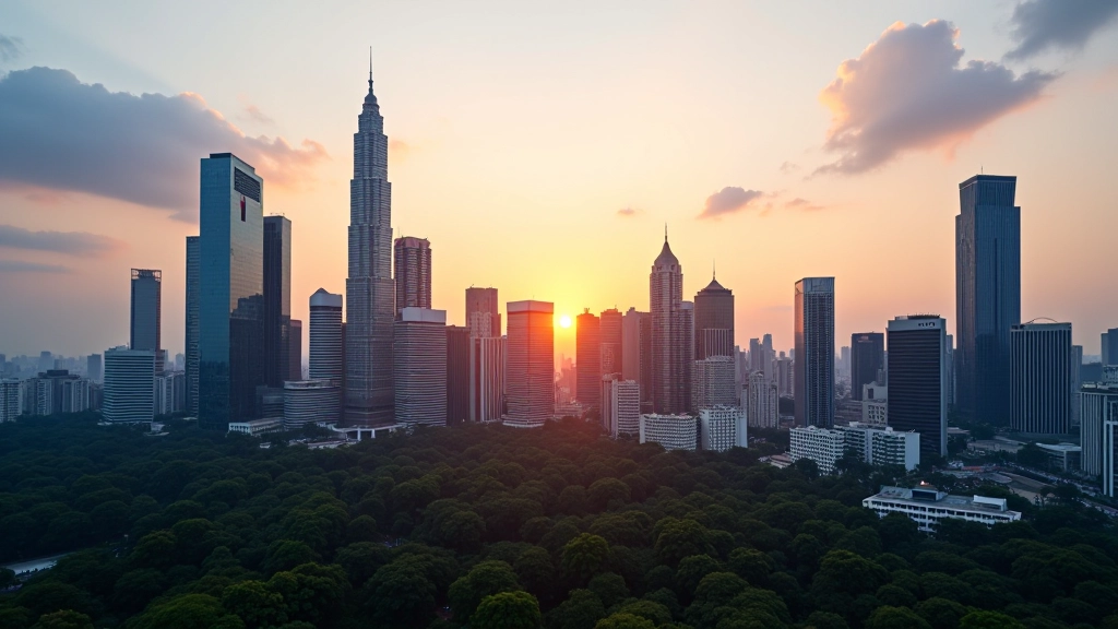 Modern business district skyline with glass buildings, urban economic center representing Malaysia's investment landscape