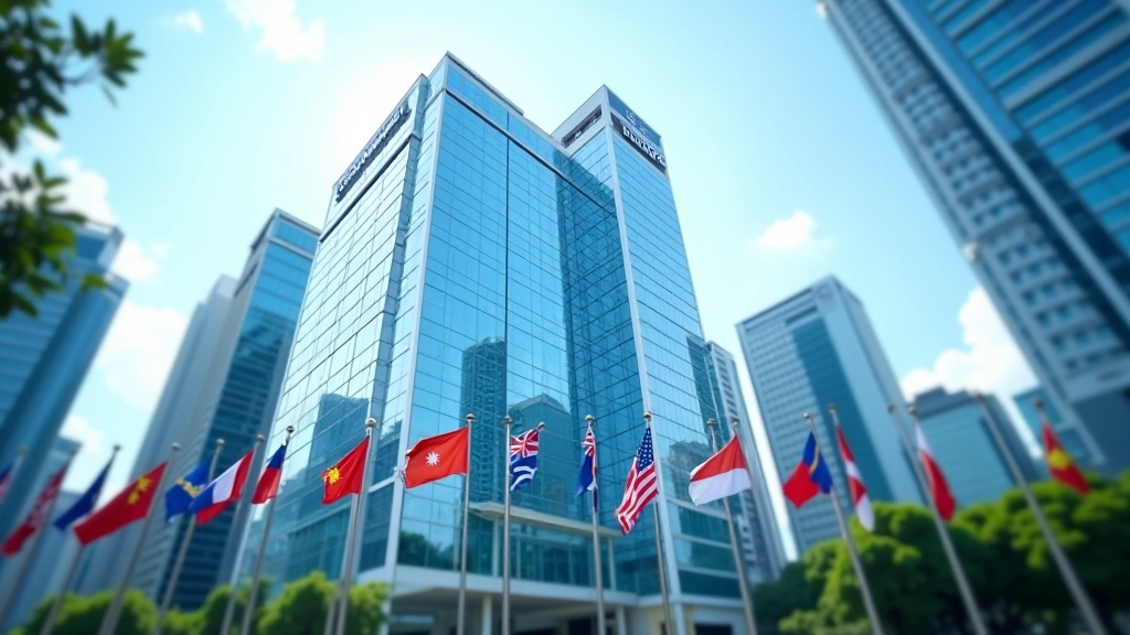 Modern glass office building with corporate headquarters and international flags