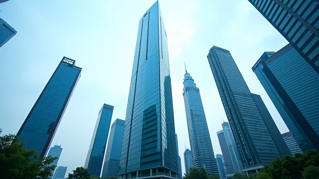 Modern office building with glass exterior reflecting clouds, urban skyline background