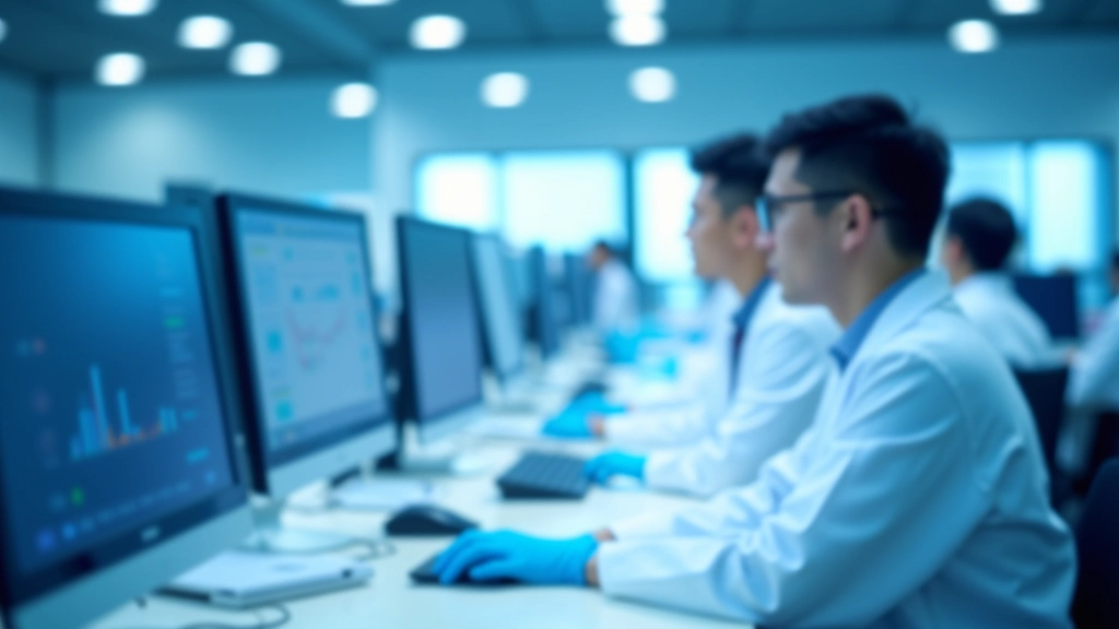 Advanced laboratory equipment with computer screens showing technical data and digital interfaces