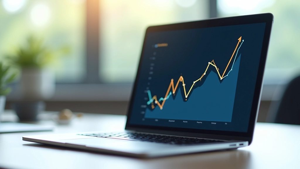 Financial data visualization showing investment trends with ascending growth chart, investment metrics displayed on computer monitor with market analysis graphs