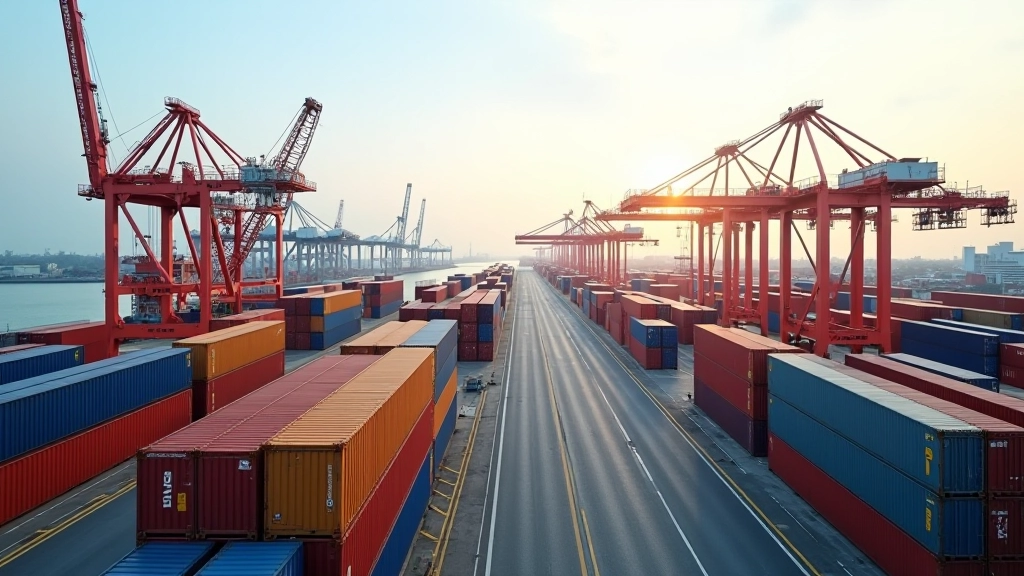 Port terminal with shipping containers and cargo handling equipment, representing Malaysia's logistics and trade infrastructure