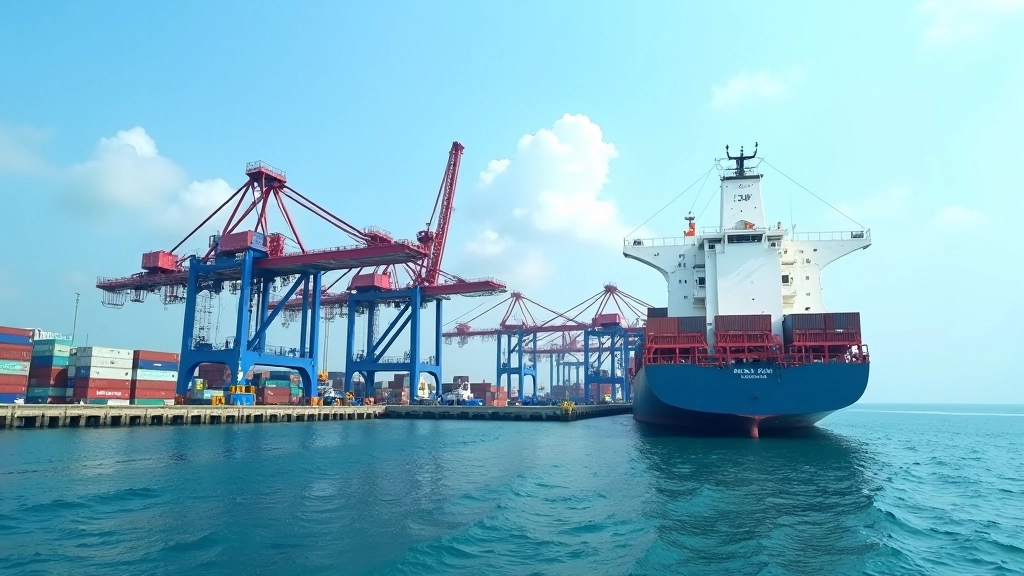 Modern port terminal with massive cranes loading shipping containers onto vessels during busy trade operations