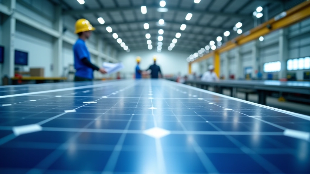 Solar panel manufacturing facility with rows of equipment and quality control stations